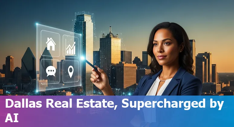 Agent using AI prompts on a laptop to create Dallas real estate listings with virtual staging and neighborhood data.