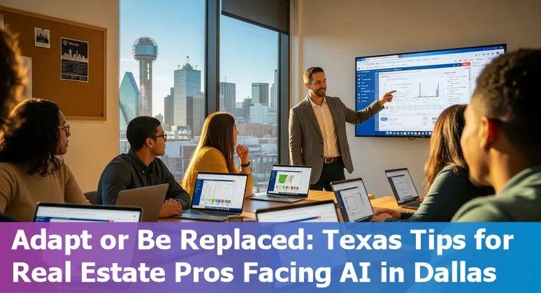 Dallas skyline with real estate icons and AI circuit overlay