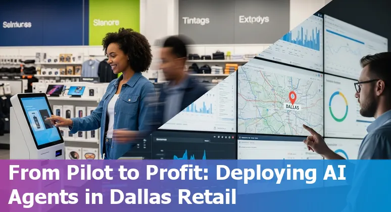 Illustration of AI agents in a Dallas retail store, highlighting Texas skyline and local vendors in Dallas, Texas.