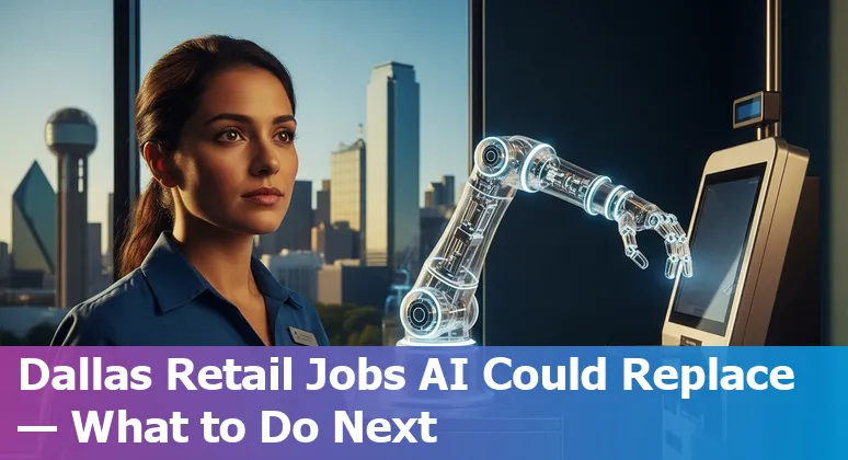 Retail worker at a self-checkout kiosk in Dallas with AI automation symbols overlay