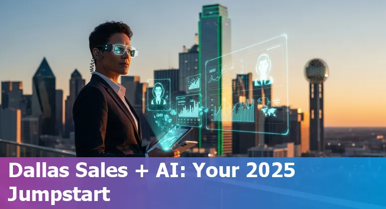 Sales professional using AI tools in Dallas, Texas office with Dallas skyline visible