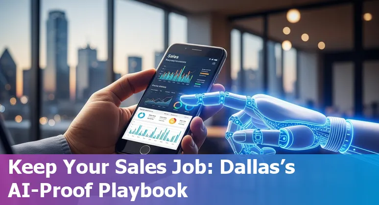 Salesperson using AI tools on a laptop in Dallas, Texas skyline visible; Dallas, Texas 2025 AI in sales concept image