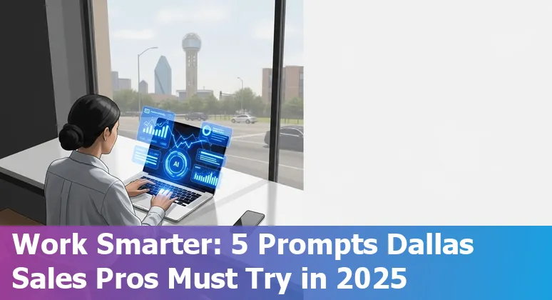 Dallas sales professional using AI prompts on laptop with Dallas skyline in background.