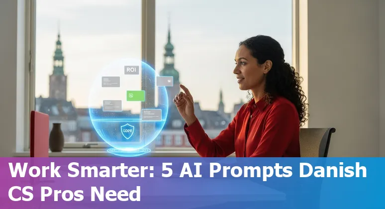 Customer service agent using AI prompts on a laptop with Danish flag and GDPR icons