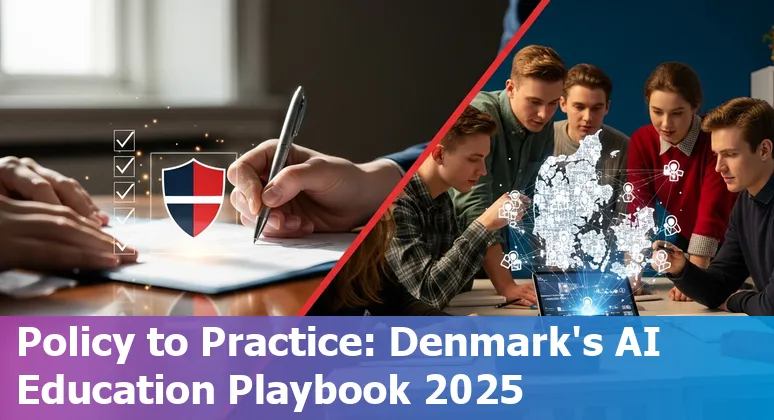 Illustration of AI in Danish classrooms, policy documents and Copenhagen skyline representing Denmark in 2025