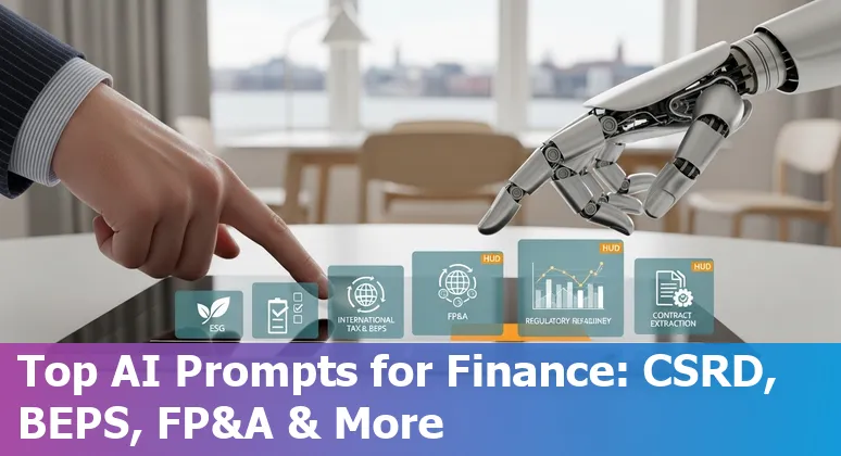 Danish finance professional using AI prompts for CSRD reporting, tax, FP&A, regulatory readiness, and contract review in 2025.