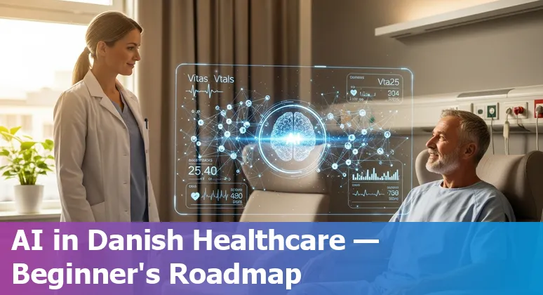 Illustration of AI in Denmark's healthcare system 2025 showing clinicians, EHR screens and regulatory icons in Denmark.