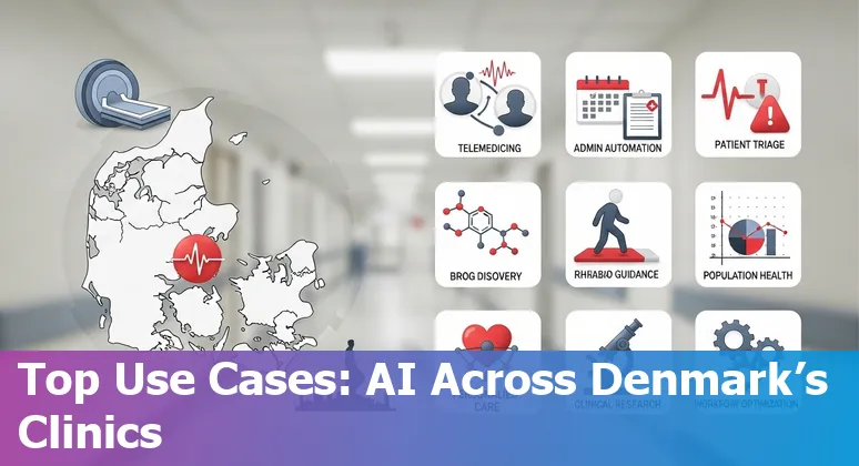 Illustration of AI in Danish healthcare: radiology scans, wearables, robots, and Sundhed.dk dashboard