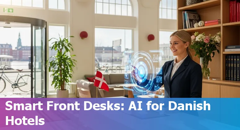 AI in hospitality illustration: Danish hotel front desk, chatbot and staff using AI tools in Denmark 2025