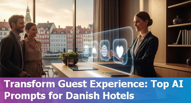 Hotel front desk tablet showing AI prompts and Danish city skyline in the background
