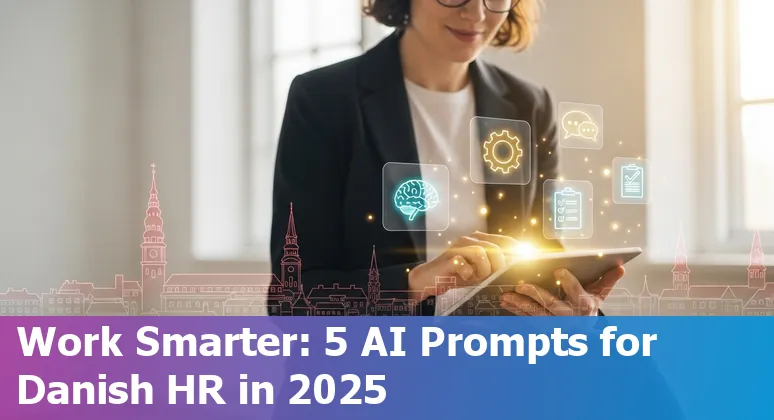 HR professional using AI prompts on a laptop with Danish flag and workplace icons