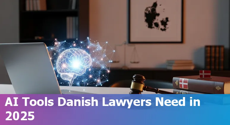 Collage of AI tool logos with Danish flag and legal scales representing AI tools for lawyers in Denmark 2025