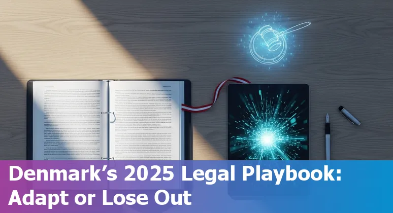 Illustration of AI and legal work in Denmark: lawyer and robot exchanging documents with a Danish flag