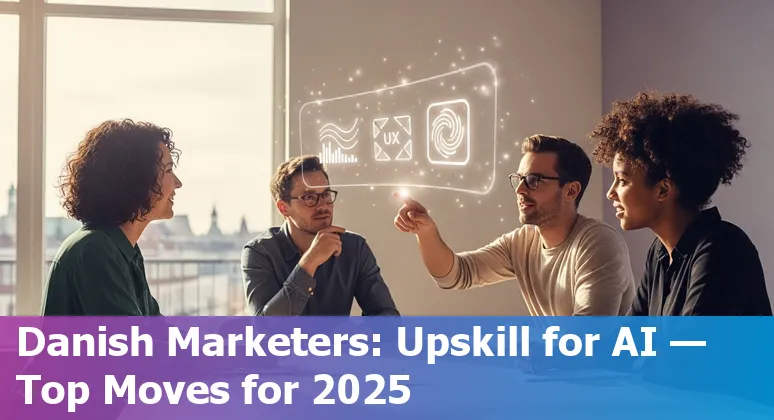 Danish marketing team using AI tools in 2025, showing Denmark office, AI dashboards and collaborative workflow