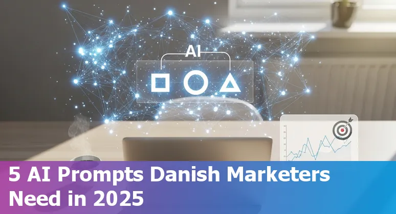 Danish marketing team using AI prompts on a laptop with a Denmark flag and campaign calendar visible