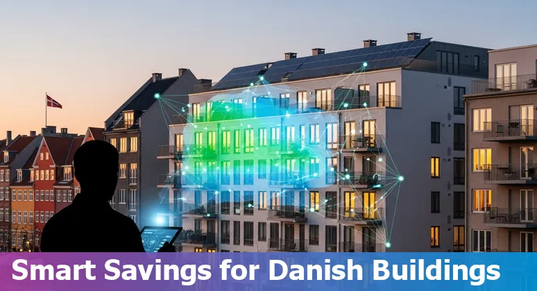 AI dashboard showing energy retrofit recommendations for a Danish building in Denmark — Denmark real estate AI illustration