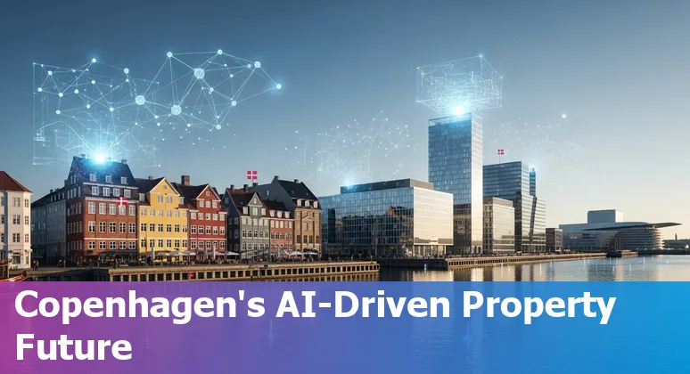 AI and real estate illustration over Copenhagen skyline, Denmark, showing data overlays and smart building icons