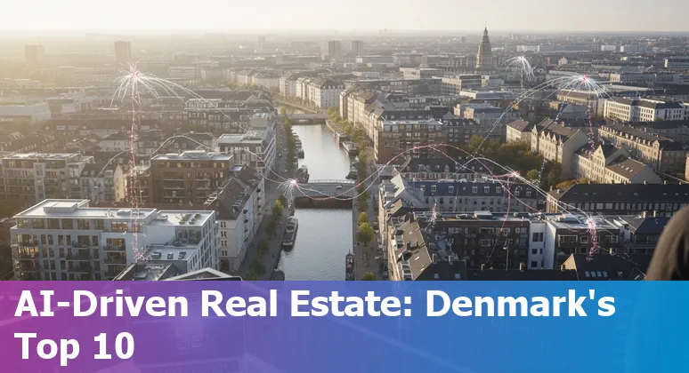 Map of Copenhagen with AI data overlays, property icons and charts showing pricing forecasts
