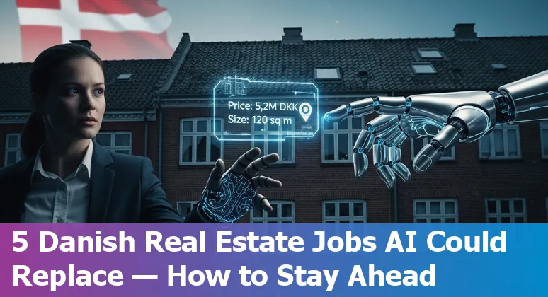 Illustration of Danish real estate professionals adapting to AI with training, smart-home tech and paperwork automation