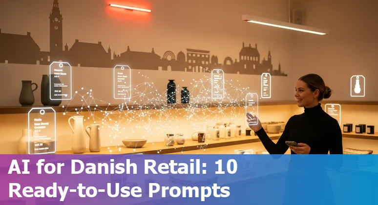 Illustration of AI prompts applied across Danish retail: Copenhagen store, inventory charts, pricing dashboard and Danish chat assistant.