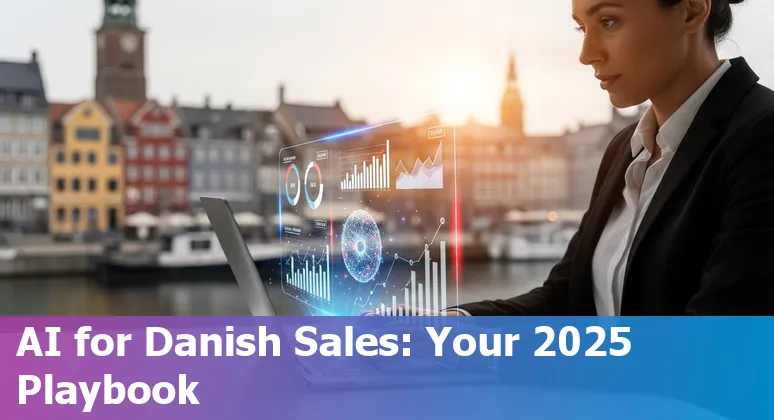 Sales professional using AI on laptop with Denmark map overlay — guide for sales teams in Denmark 2025
