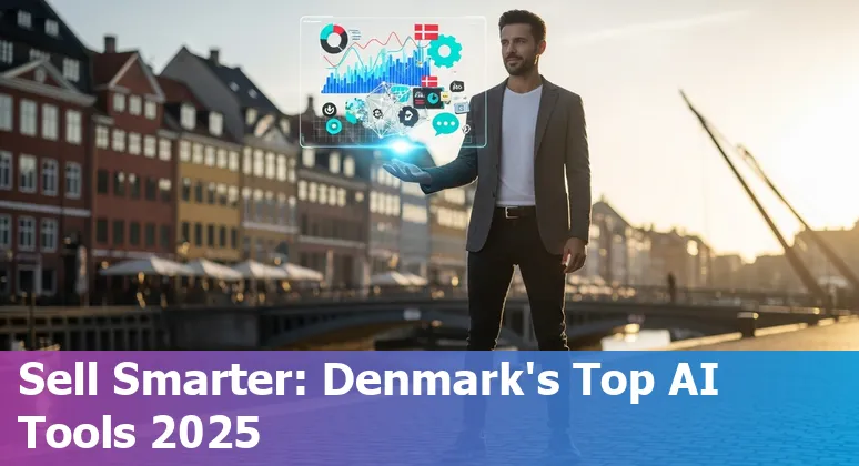 Collage of Gong, Clari, Outreach, HubSpot, Salesforce, 6sense, Seamless.ai, Lavender, Prezent and Visualping logos over a Danish flag background
