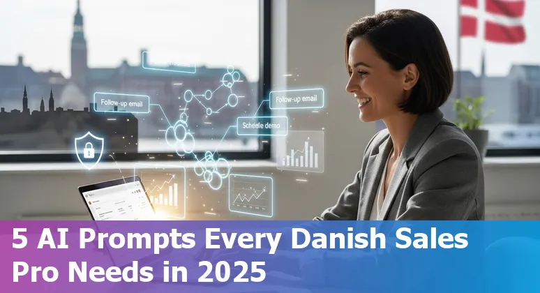 Sales professional using AI prompts on a laptop with a Danish flag and CRM dashboard visible