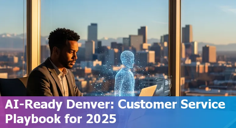 Customer service agent using AI tools in Denver, Colorado, US skyline backdrop