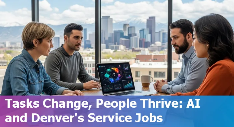 Customer service agent using AI tools in Denver, Colorado office with Denver skyline in background