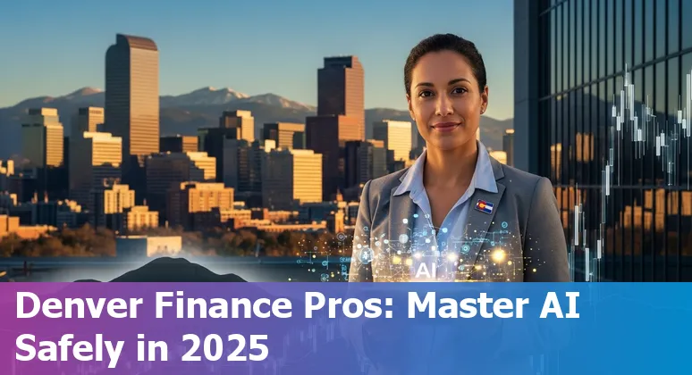 Finance professional using AI dashboard in Denver, Colorado skyline visible, 2025 context