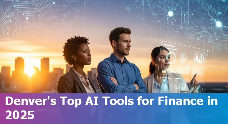 Collage showing AI icons and Denver skyline with finance symbols like charts and invoices