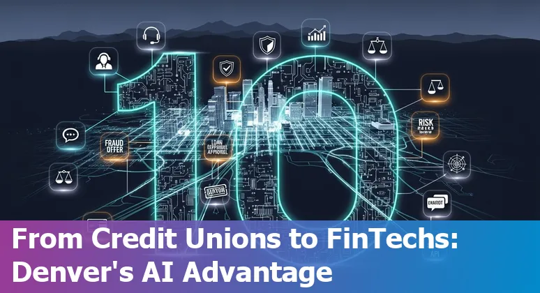 Denver skyline with financial icons and AI chatbot, fraud detection and analytics overlays