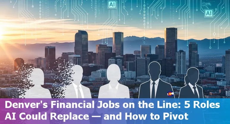 Denver skyline with finance icons and AI warning symbols, representing jobs at risk and reskilling paths.