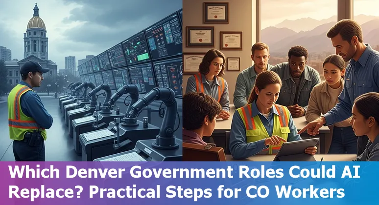 Denver government worker at a computer with AI icons overlay, symbolizing jobs at risk from artificial intelligence.