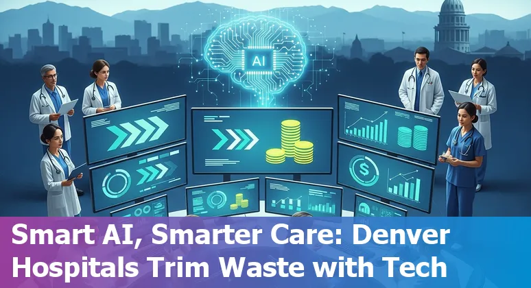 Healthcare AI team meeting at CU Anschutz in Denver, Colorado: doctors and engineers review AI-driven imaging and billing dashboards.