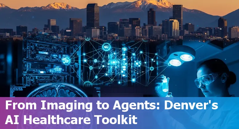 Healthcare AI in Denver: radiology scans, hospital operations, and a chatbot icon representing top AI use cases and prompts.