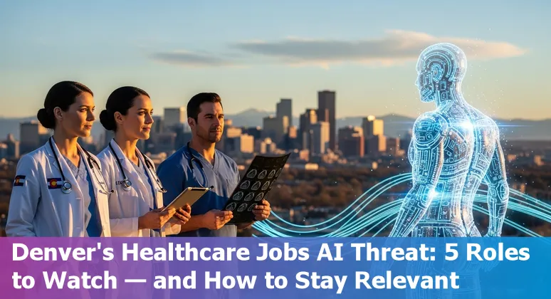 Healthcare worker using a tablet with AI icons overlayed, Denver skyline in background