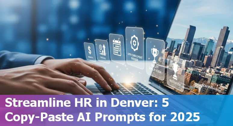 HR professional using AI prompts on a laptop with Denver skyline in background
