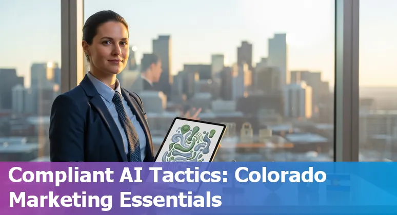 Marketing professional using AI tools in Denver, Colorado with Denver skyline in background