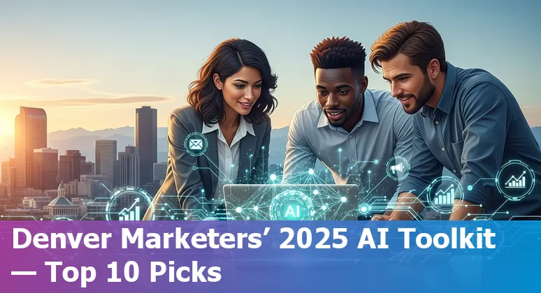 Laptop showing AI marketing tools with Denver skyline in background