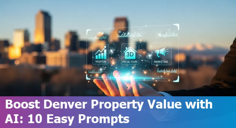 Denver skyline with AI icons overlay and real estate elements (homes, 360 tour, energy graphs).