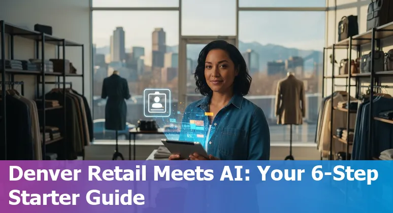 Denver, Colorado retail shop using AI tools on a tablet with Denver skyline in background, USA