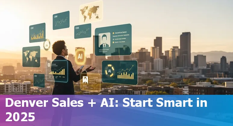 Denver, Colorado sales professional using AI tools on laptop with Denver skyline in background
