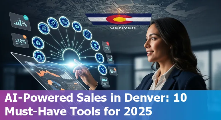 Sales professional in Denver using AI sales tools dashboard with city skyline in background