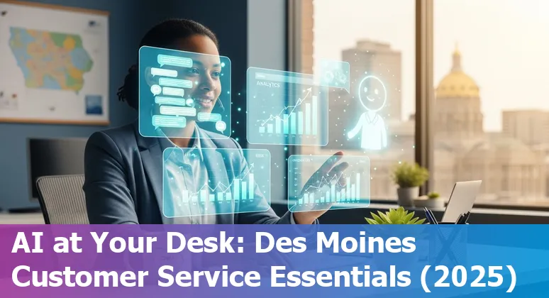 Customer service team using AI tools in Des Moines, Iowa office with local skyline visible