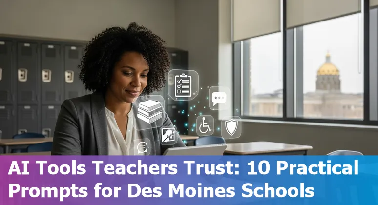 Teacher using AI on a laptop in a Des Moines classroom with students; icons for lesson plans, quizzes, and data charts.