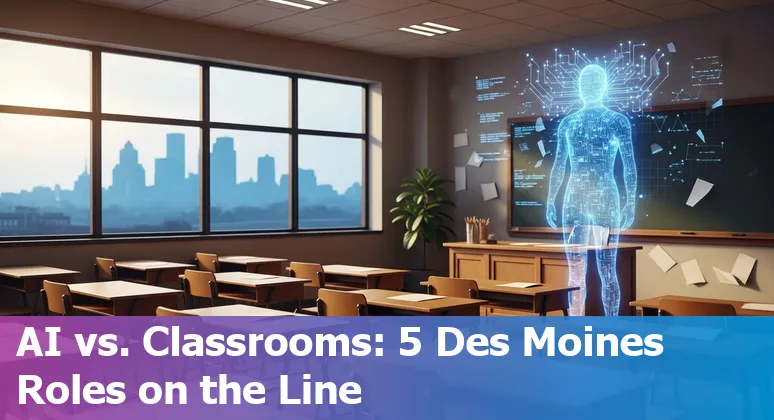 Des Moines teacher using AI tools with students; overlay of icons for DMACC and Tippie College.