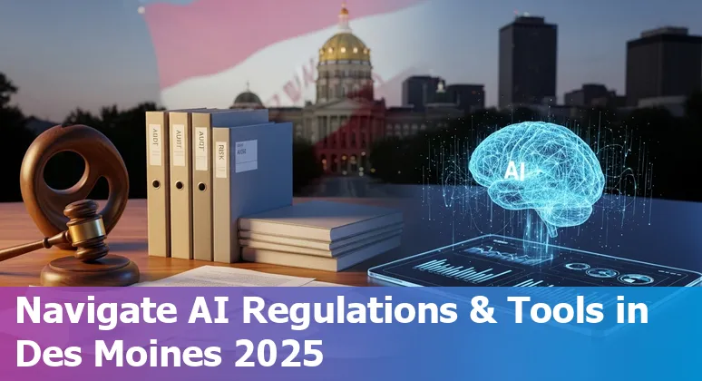 Finance professional using AI tools with Des Moines, Iowa skyline in background