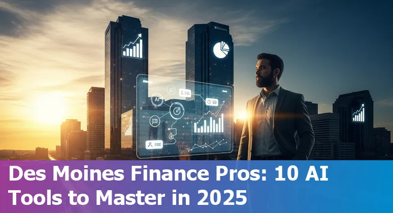 Finance professional in Des Moines using AI tools on a laptop with Des Moines skyline in background