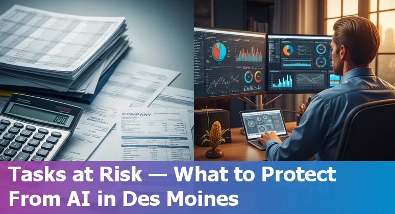 Des Moines, Iowa finance team using AI tools—local skyline and finance dashboards showing automation in Des Moines, Iowa